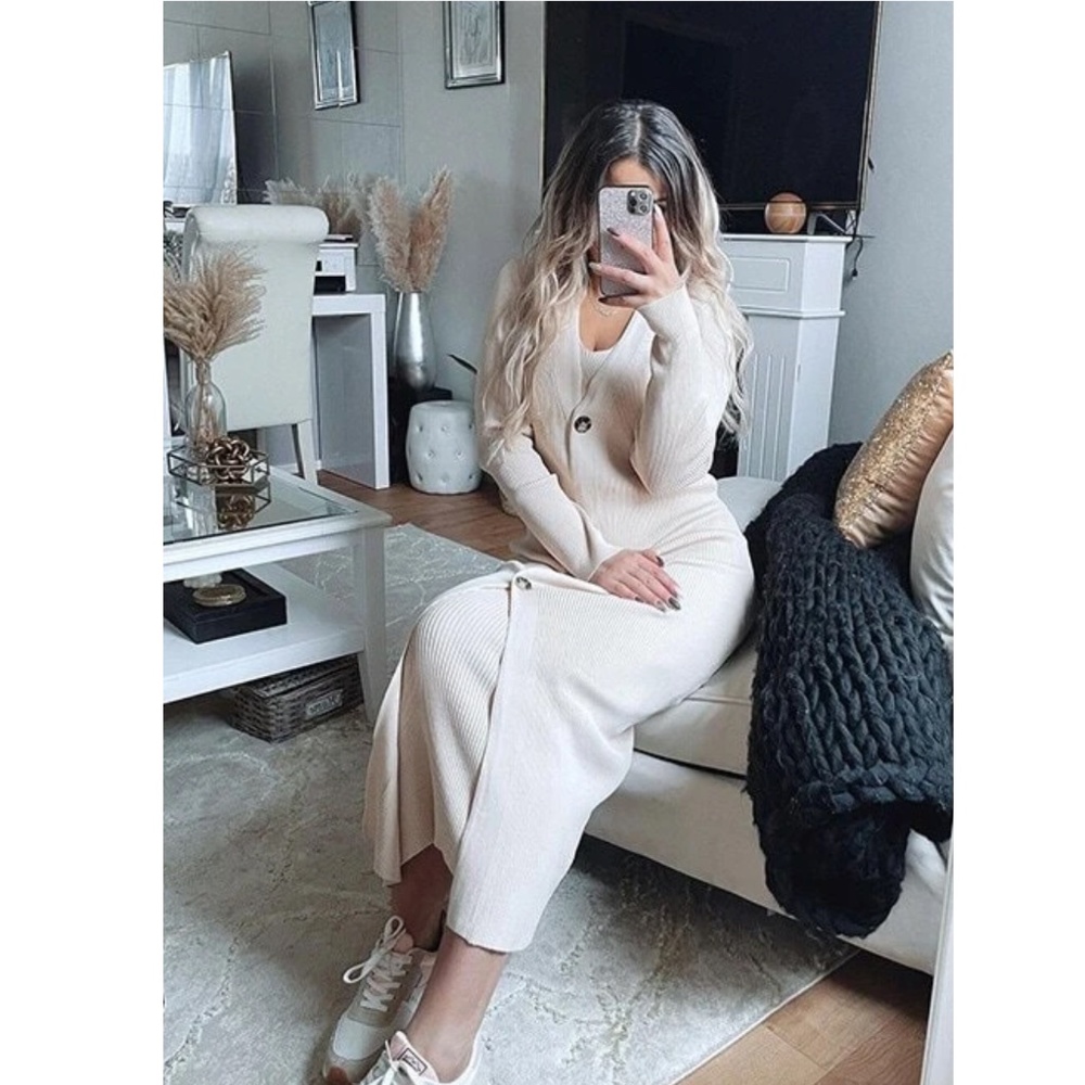 Rouge! Cream Long Knit Cardigan and Dress Set - Picture 14 of 15